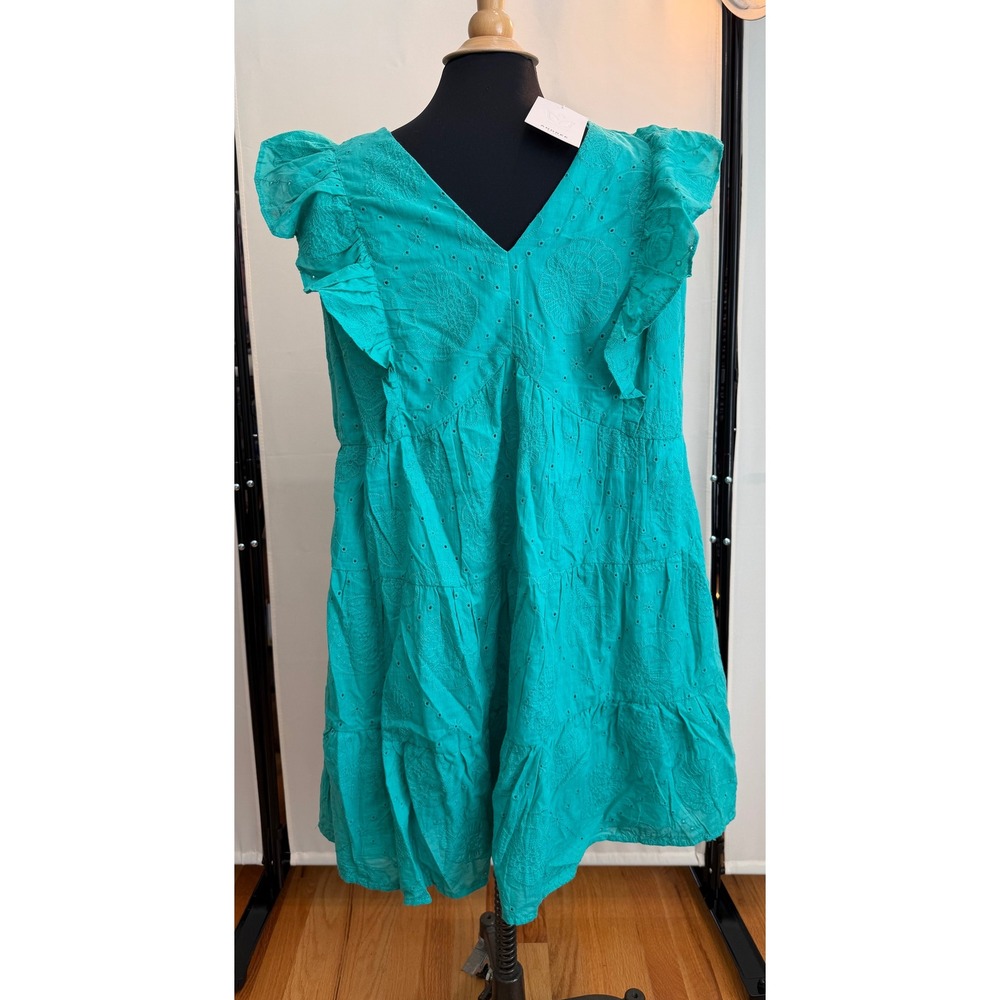 Andree by Unit Teal Green Eyelet Tiered Ruffle Mini Dress PD10495 Womens 2X NEW